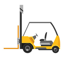 Forklift warehouse or storage equipment. Yellow machine without driver isolated on white background. Delivery, shipment or logistic cargo. Electric uploader. Supply storage service