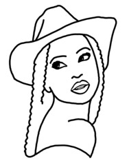 Beautiful sexy black African lady wear sun hat. Attractive woman dress had clothes for happy holiday. Cartoon character face portrait. Hand drawn retro vintage illustration. Old style comic drawing.