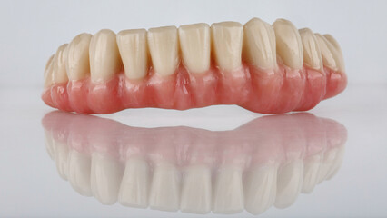 excellent dental prosthesis made of ceramics of the lower jaw with a beautiful gum on a white background