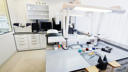 light technical dental cabinet with lamps, equipment and special tools