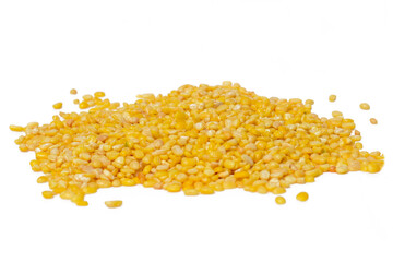 Peeled split mung bean isolated on white background.