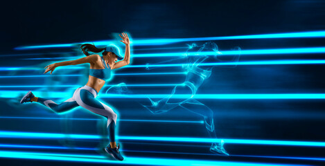 Sporty young woman running on blue neon background