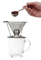 Alternative Metod To Make Delicious Flavored Coffee. Hot Water Pouring through through a metal mesh into a cup. Hot Fresh Brewing Flavored Coffee