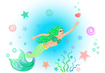 Obraz premium The little Mermaid is in hope of love and human`s life, vector illustration on white background, love, fantasy, Valentine's Day