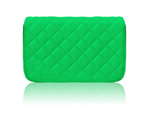 Green grid handbag clutch with reflection isolated on white background