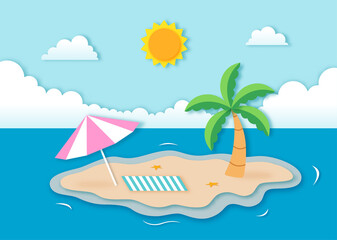hello summer with beach landscape background. paper art style. vector Illustration.