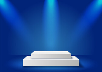 White stage podium with spotlight on blue background. Vector Illustration.