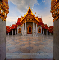 Bangkok, Thailand- June 11, 2022. Wat Benchamabophit (Marble Temple). Ornate temple constructed of white Italian marble & featuring a mix of European & Thai design.