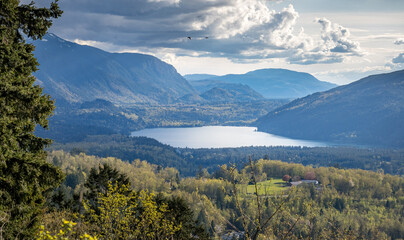 View of Cultus lake from the summit of Mount Thom near Chilliwack in British Columbia Canada - obrazy, fototapety, plakaty
