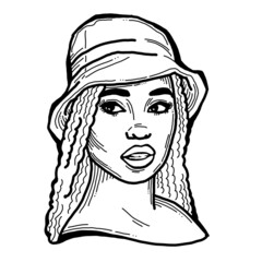 Beautiful sexy black African lady wear sun hat. Attractive woman dress had clothes for happy holiday. Cartoon character face portrait. Hand drawn retro vintage illustration. Old style comic drawing.