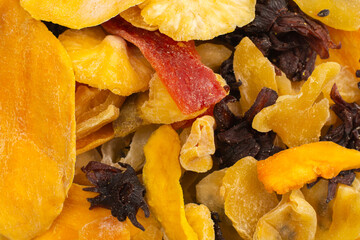 Mix of dried exotic fruit, mangos,slices of pineapples, passion fruit, papaya.