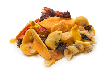 Mix of dried exotic fruit, mangos,slices of pineapples, passion fruit, papaya.