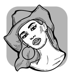 Beautiful sexy lady wear sun hat. Attractive woman dress had clothes for happy holiday. Cartoon character face portrait. Hand drawn retro vintage boho illustration. Simple colorful line drawing.