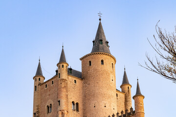 Fototapeta na wymiar Detail of towers of The Alcazar of Segovia in Castilla y Leon, Spain