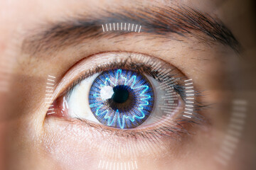 Close up of female eyes Biometric scan eye monitoring. Eye data interface.