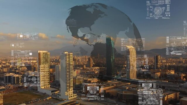 Business data analytic interface fly over smart city showing alteration future of business intelligence. Computer software and artificial intelligence are used to analyze big data for strategic plan