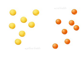 Scattered seeds of red and yellow (football) lentil isolated on white background. Top view. Realistic vector illustration.
