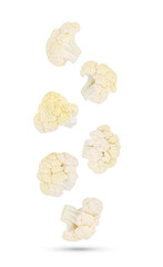 Piece of cauliflower falling in the air isolated on white background.