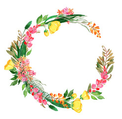 Watercolor woodland wild flowers wreath. Summer forest floral round border.