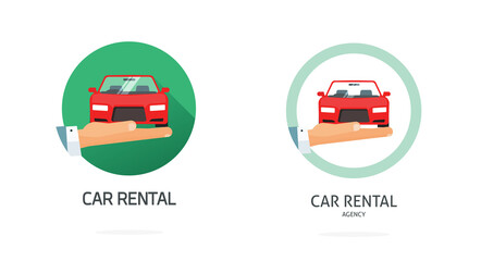 Car rent logo or automobile buy icon flat, auto vehicle rental or hire shop agency dealer, sale or new trade service concept illustration on hand white red green color image