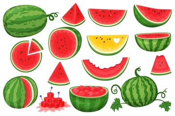 Cartoon watermelon. Natural healthy product, diet juicy fruit. Whole, pieces and sliced, green leaves, fresh semicircles with seeds, sweet flavour exotic product, summer food vector set