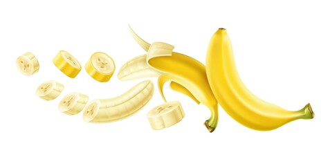 Flying banana composition. Realistic tropical sweet fruit isolated on white background. Cleaning, slicing process, falling pieces and whole, 3d natural healthy food, vector concept