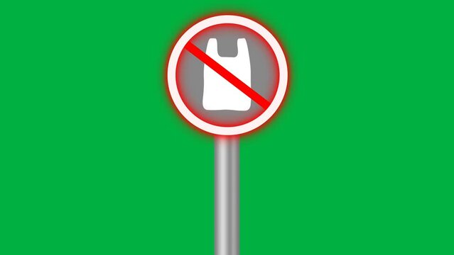 Stop using plastic or ban plastic singh board with blinking red light isolated on green screen.