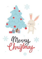 Fototapeta na wymiar Merry christmas greeting card with cute bunny decorating fir tree. Festive poster with rabbit and calligraphy lettering.