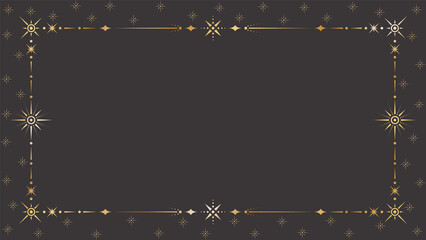 Vector mystic celestial golden frame with different stars, dots, beams and a copy space. Ornate magical background with shiny corners. Banner with an elegant border and a place for text