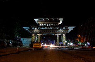 One of the entrance gates to Bhutan from India at Phuentsholing during night, Bhutan.