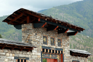 A traditional porch over the entrance gate of National Memorial Chhorten, Thimphu, Bhutan.