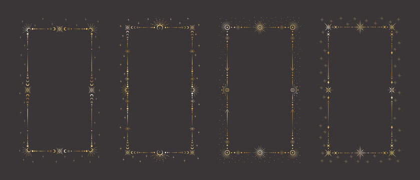 Mystic celestial golden frame set with different stars, crescents dots, beams, moon phases and a copy space. Ornate magical backgrounds with shiny elegant borders for stories and social media design