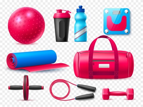 Realistic fitness elements. Gym women accessories, girls yoga objects, different sport devices, bottle and shaker, bag, mat and dumbbell, jump rope and scales. Healthy lifestyle vector set
