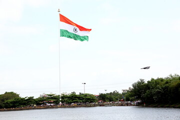 Indian Tri-color flag flying high during Independence Day celebration in Pune, Maharashtra.