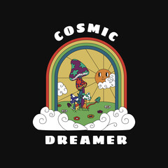 Cosmic dreamer. Mushrooms, rainbow and sun in vintage style. For t-shirt prints and other uses.
