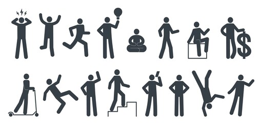 Fototapeta na wymiar Stickman postures. Primitive little man pictogrames, monochrome people signs, different poses, standing and walking, yoga and fitness, falling and climbing, business man, nowaday vector set