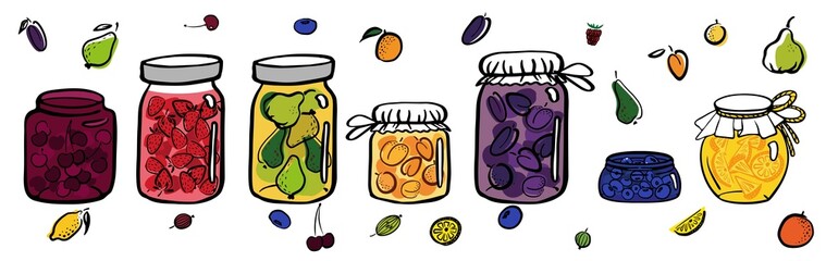 Stewed fruit, Compote, jam in glass jug or jar. Fruits for healthy summer drink. Vector color outline illustration for menu, package design.