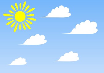 Vector illustration. Cartoon background with sun and clouds on blue sky.