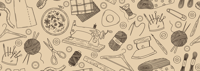 Seamless vector banner with outline doodle sewing elements. Retro machine, embroidery hoop, threads, yarn, fabric, iron, needles. Hand drawn studio background