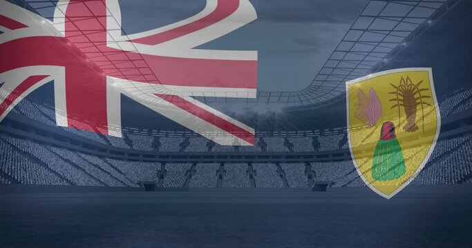 Animation of flag of turks and caicos over sports stadium