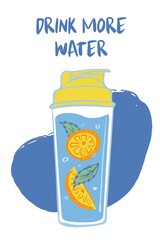 A glass, bottle of drinking water with citrus and mint. 