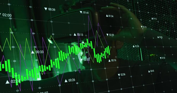 Animation of data processing over african american man using vr headset in server room - Powered by Adobe