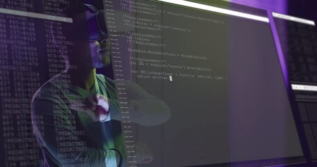 Animation of data processing over african american man using vr headset in server room - Powered by Adobe