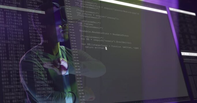 Animation of data processing over african american man using vr headset in server room - Powered by Adobe