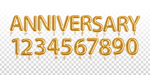 Vector realistic isolated golden balloon text of Anniversary with numbers on the transparent background.