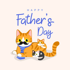 Happy Father's Day greeting card vector design. Handsome Ginger father cat and kitten