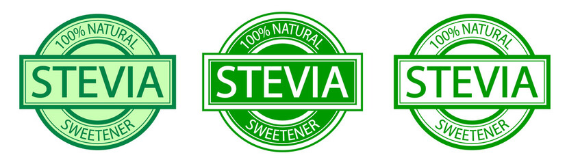 Set of Stevia labels. Natural low calorie sweetener. Green icon