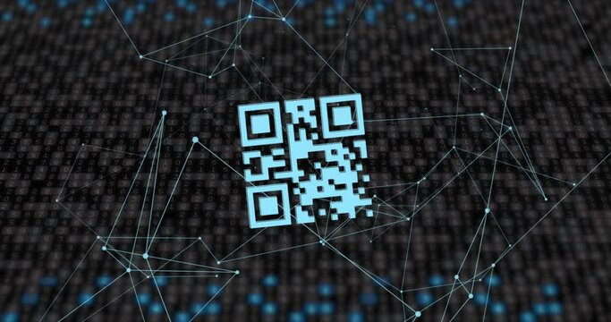 Animation of network of connections and qr code with icons over dark background