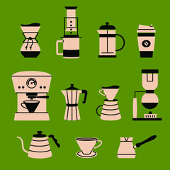 Brewing coffee methods and equipment for this. Set of isolated coffee illustrations. Aeropress, hario, pour over, geyser coffee maker, french press, kalita, filter coffee, coffee machine, cup, kettle