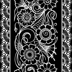 seamless repeat oriental border, outline white floral pattern on black background, texture, frame